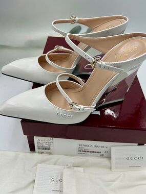 Women’s Gucci Christy Regent White Patent Leather Wedge Mules. Size 9.